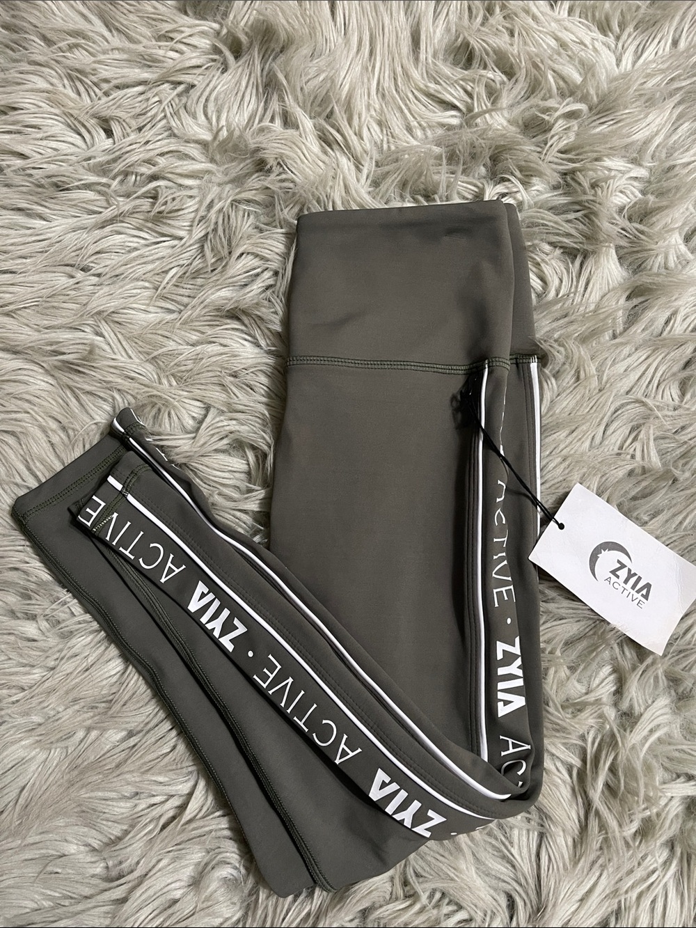 Active USA Olive Green Performance Leggings with Logo Side Tape